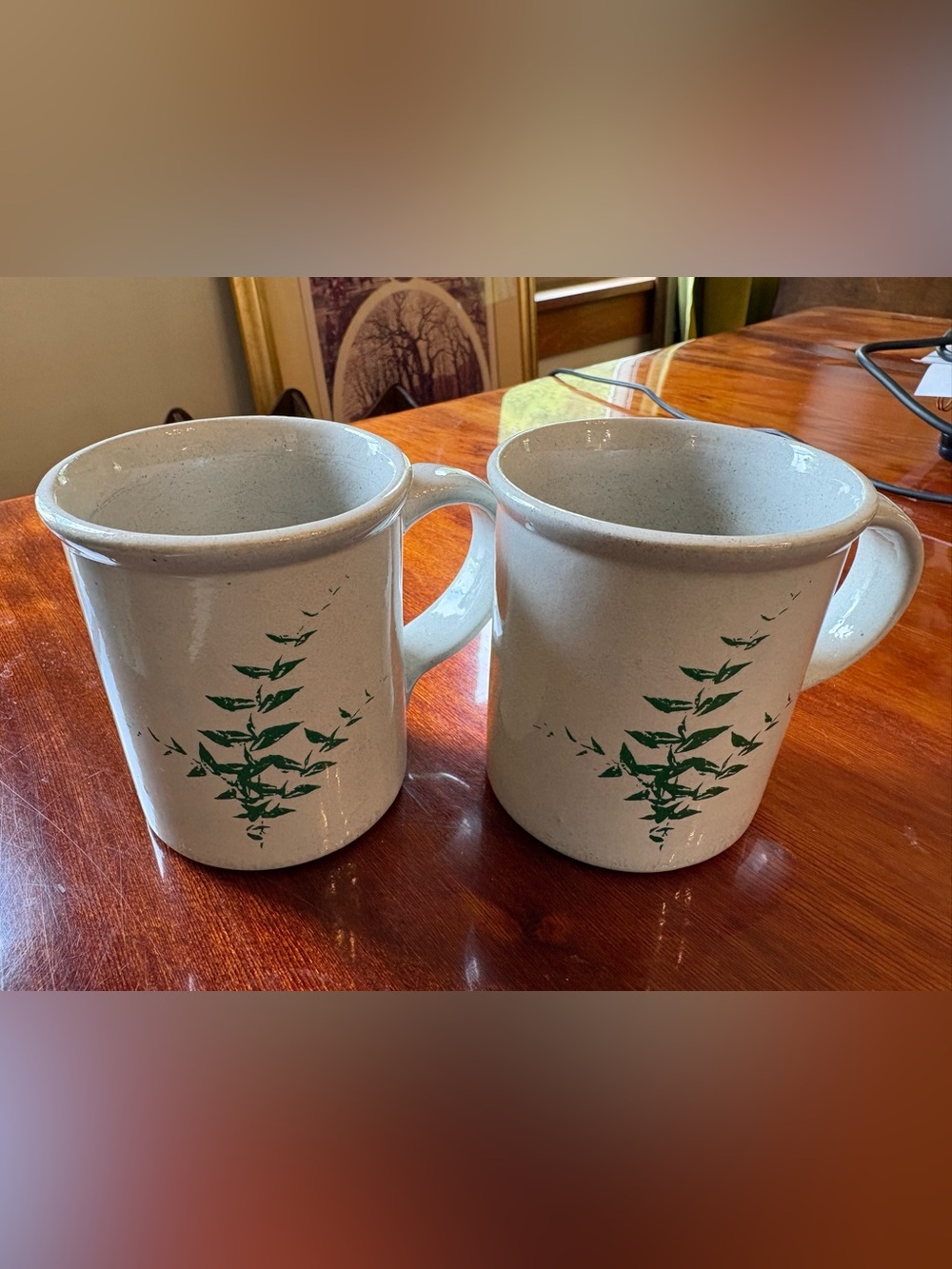Red Wing Stoneware lCeramic White Mugs with DelicateGreen Leaf Design - Set of 2